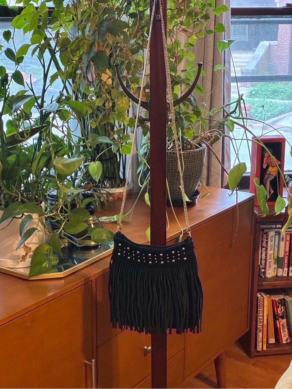 GENUINE SUEDE Paradox Black Fringe Crossbody with Gold Tone Studs, Chain strap